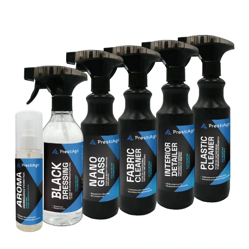 PrestiAgri Čistenie a starostlivosť o interiér - súprava (1x Plastic Cleaner 500 ml, 1x Interior Detailer 500 ml, 1x Fabric Cleaner 500 ml, 1x Nano Glass 500 ml, 1x Black Dressing 500 ml, 1x Aroma Jarný tanec 120 ml)